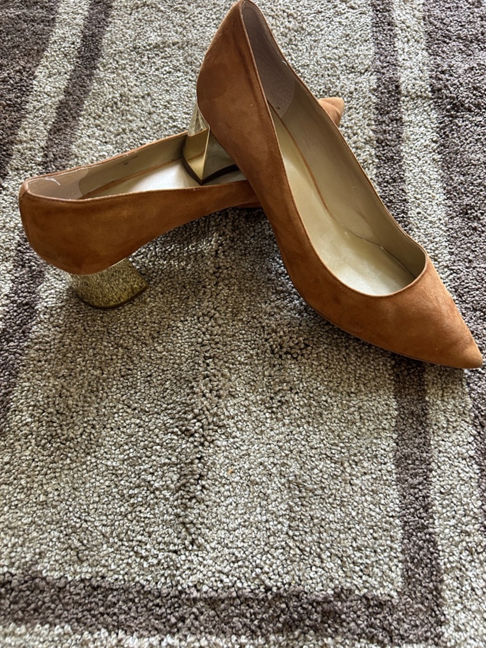 Ann Taylor Rust Suede Pointed Toe Heels with Gold Block Heel